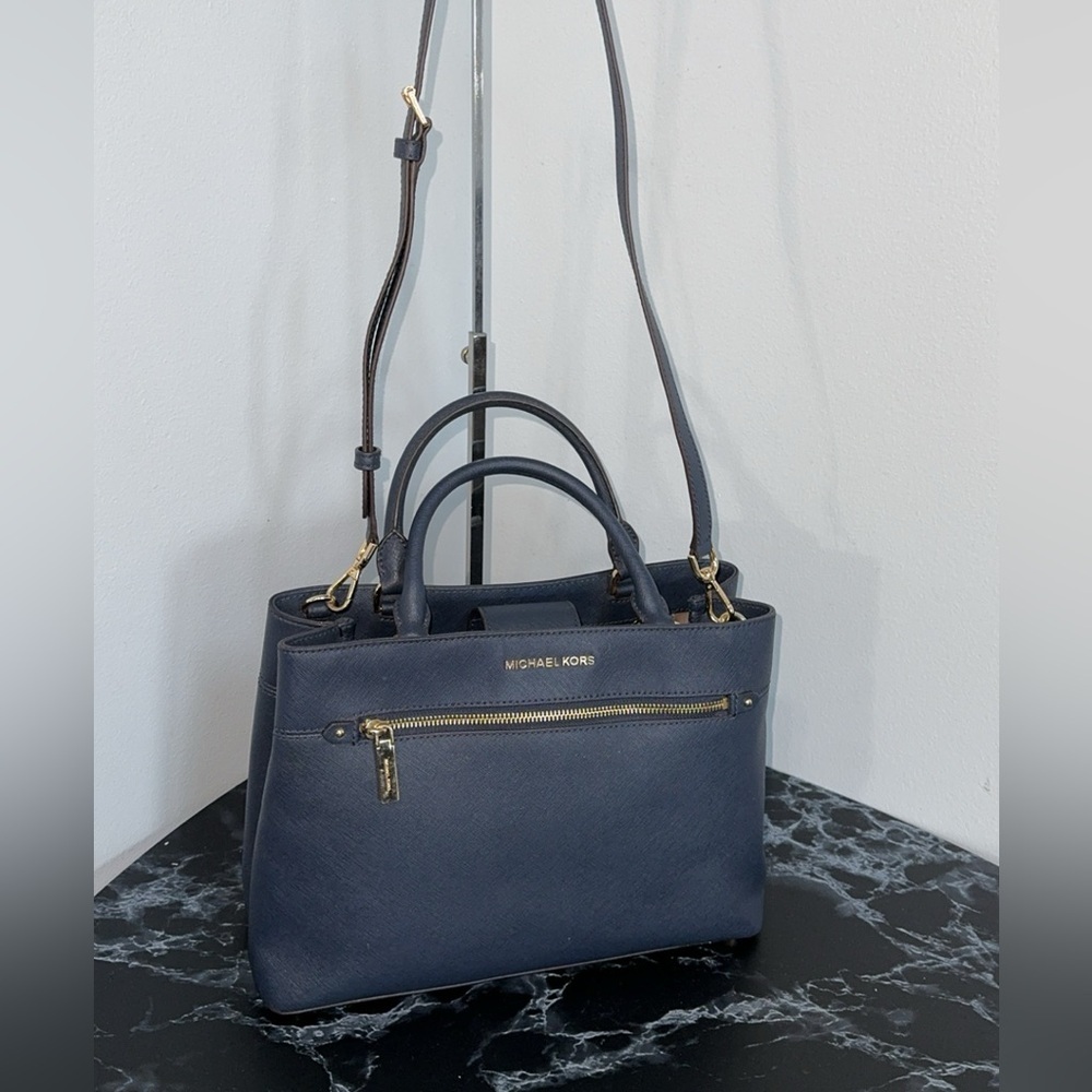 MICHAEL KORS Handbag Crossgrain Leather Navy Large Crossbody Satchel AUTHENTIC